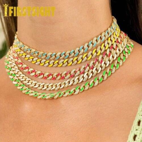 New 8mm Colorful Ename Rhinestonel Miami Curb Cuban Choker Adiust Size Gold Color CZ Cuban Link Necklace Women Hip Hop Jewelry