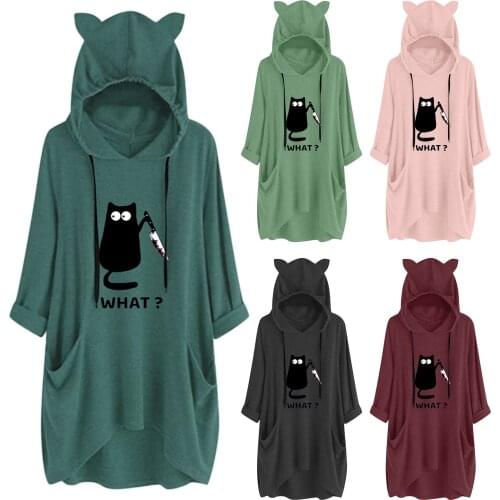 Women Casual What Print Cat Ear Hooded Thin Sudadera Streetwear Sweatshirt Hoodie Women Pocket Sweatshirt And Hoodies Pullover