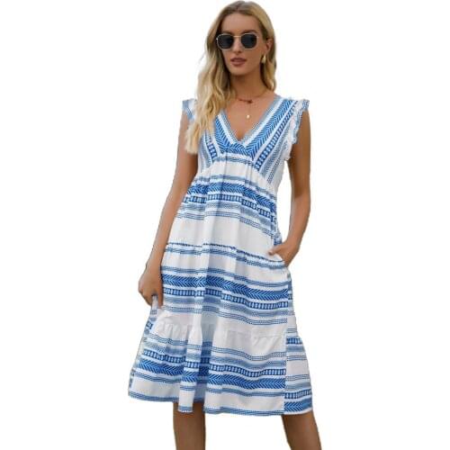 Women Dress Bohemian Dress Stripe V Neck Sleeveless Ruffles Women Cupcake Dress Stripe Print Ruffles Dress Women Dress Beachwear