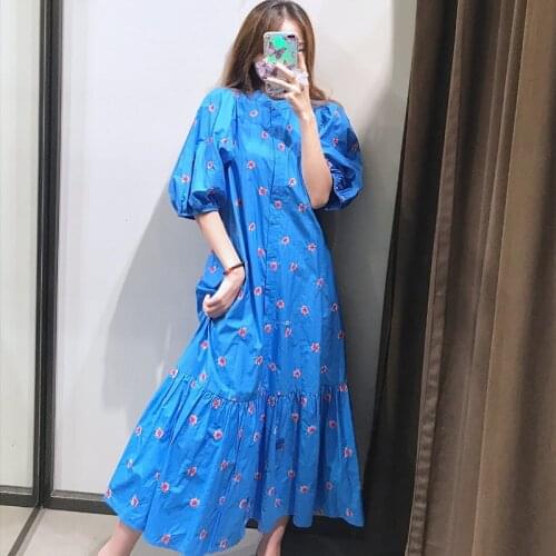 2021 Summer Dress Women Long Maxi Vintage Puff Sleeve Floral Embroidery Blue Loose Dress O-Neck Casual Female Clothing Korean