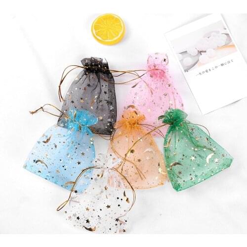 100pcs/Lot Organza Bronzing Pouches Jewelry Packaging Drawstring Storage Bag Star Moon Pattern Gifts Candy Organizer For Pearl