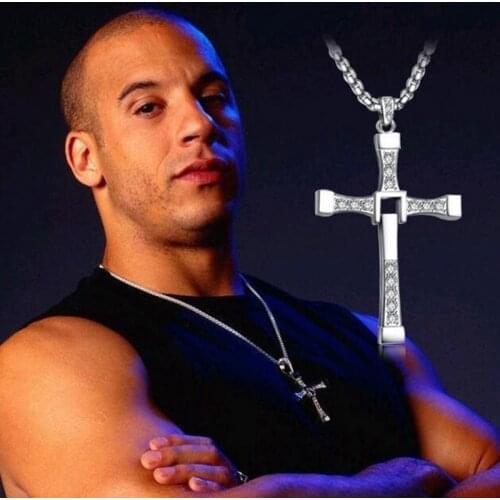 12PCS/Lot Fast And The Furious Dominic Toretto Vin New Movie Jewelry Classic Rhinestone Pendant Sliver Cross Necklaces Men