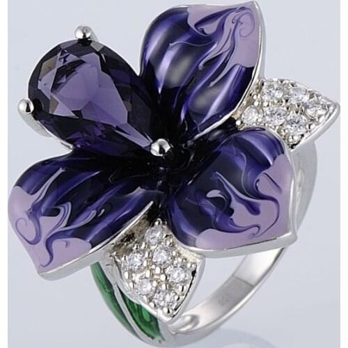 2021 New Dainty Purple Enamel Flower Rings For Women Luxury Zircon Female Jewelry Accessories Engagement Birthday Party Gifts