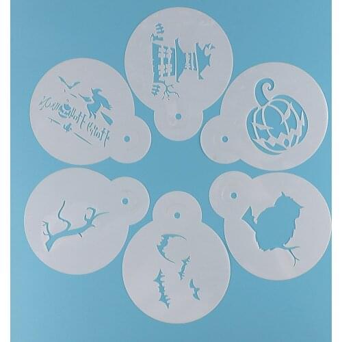 6PCS Halloween Coffee Milk Cake Cupcake Stencils Template Barista Cappuccino Template Strew Pad Duster Spray Tools