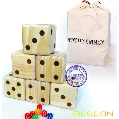 Bescon Jumbo Solid Wooden Yard Dice Set of 6pcs -Big Outdoor Gaming Dice Set 3.5 inch; with Drawstring Bag, Large Wood Dice
