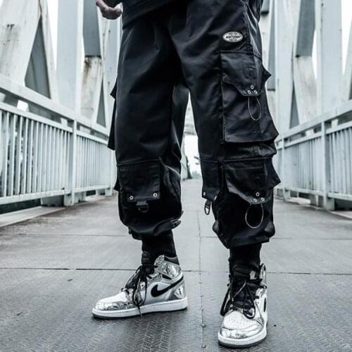 Techwear Pants Mens Black Harem Overalls Ribbon Mens Sports Pants Streetwear Multi-pocket Mens Casual Pants Hip-hop Jogger