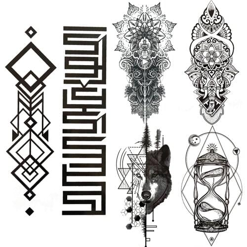 Black Mandala Henna Temporary Tattoo For Women Men Geometric Wolf Tattoos Unique India Lace Hourglass Fake Tatoos Body Art Arms