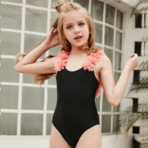 Children Swimwear One-piece Swimsuit Lovely Petals Sling Black Triangle Swimsuit For Girls 10 Years Beach Clothing