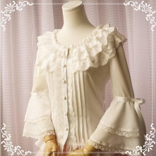 Womens Palace Big Hime Sleeve Lolita Blouse Double Layers Falbala Collar Lace Trim Cute Shirt Tops Black & White & Beige & Pink