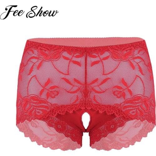 Women Ladies Sissy Panties See-through Lace Crotchless Briefs Mid Waist Elastic Waistband Underpants Lingerie Intimate Underwear