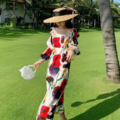 Puff Sleeve Elegant Midi Dresses Square Neck Split Floral Dress Straight High Waist Vintage Chic Woman Dress Plus Size 2021