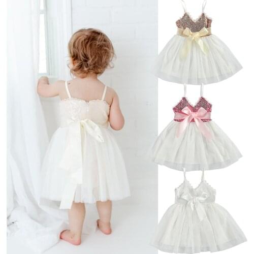 FOCUSNORM Summer Princess Kids Girls Party Dress 3 Colors Solid Sequined Lace Patchwork Sleeveless Big Bow Tutu Dress