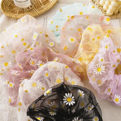 Hot new style oversized summer daisy mesh hair tie hand-embroidered organza large intestine ring