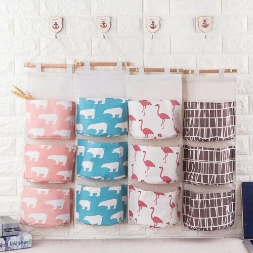 Pattern Cotton Linen Hanging Storage Bag 3 Pockets Wall Mounted Wardrobe Hang Bag Wall Pouch Cosmetic Toys Organizer