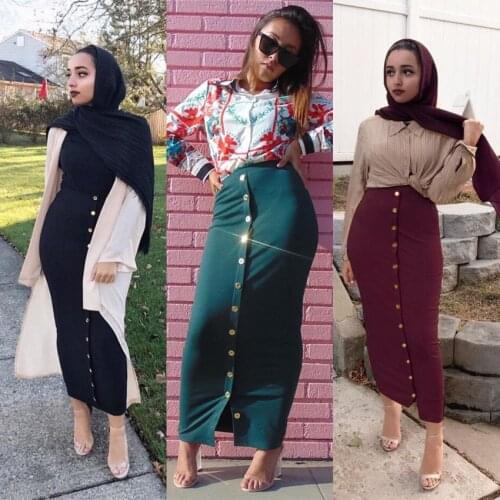 Cotton Woman Skinny Bodycon Pencil Skirt Solid Color Muslim Islamic Malaysia Female High Waist Split Tight Button Skirt Outfits