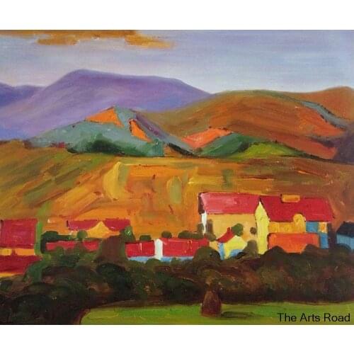 Dining Room Canvas Wall Art Village with Mountains, 1907 Egon Schiele Landscape Oil Painting Hand Painted Art Gallery