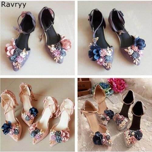 Sweet rabbit flowers decor woman high heel pointed toe sexy pumps thin heel summer sandals female dress shoes luxury party shoes
