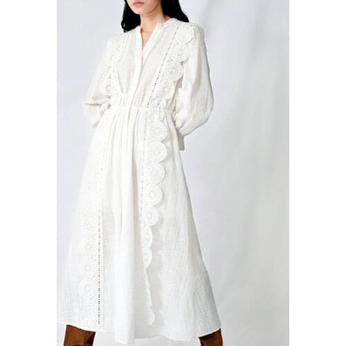 Lamtrip Round Circle Lace Stitch Single Breasted Fairly French Romantic Long Sleeve Dress 2021 Spring