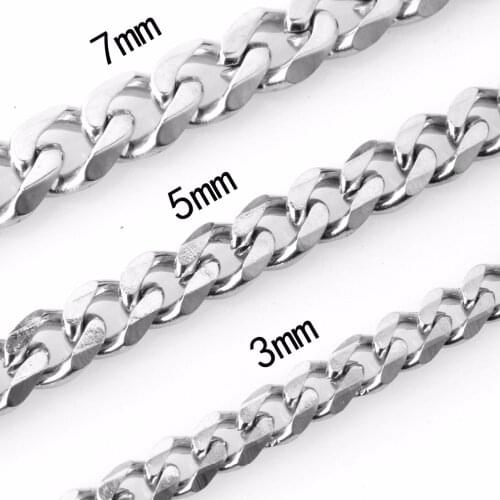 3/5/7mm Wide Silver Color Stainless Steel Curb Cuban Necklace for Mens Boys Steel Curb Chain Necklace Fashion Jewelry 7-40"