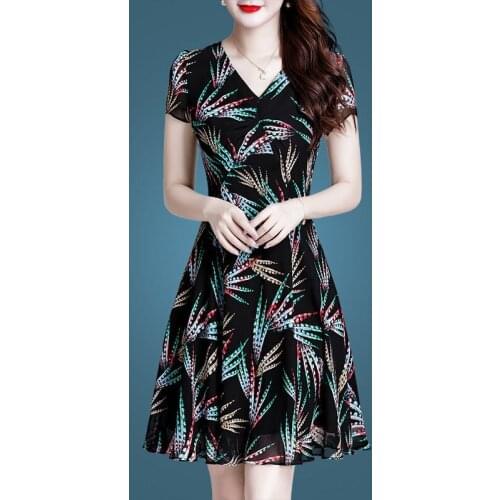 M-4XL Summer Vintage Floral New High-Grade Soft Chiffon Breathable V-Neck Slim Elegant Cocktail Dresses 9760
