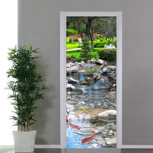 Chinese Style Park River Stone Door Wall Sticker Living Room Study Wallpaper 3D Door Mural PVC Self-Adhesive Home Decor 3D Paste
