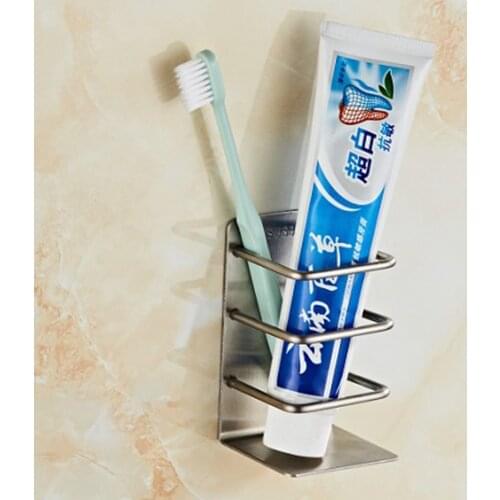 Adhesive Stainless Steel Wall Mounted Shower Bathroom Toothbrush Toothpaste Holder Stand