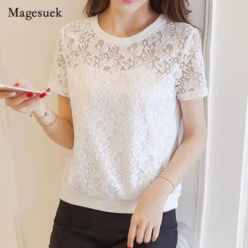 New Fashion Round Collar White Blouse 2021 Summer Short Sleeve Women Shirt Tops White Bottoming Shirt with Lace Blouses 14413