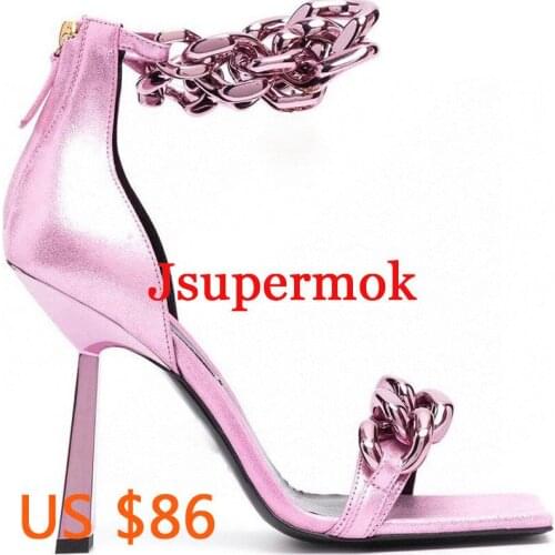 New Summer High heels Square head Sandals Fashion Design Metal chain decoration Women Open Toe Sandals