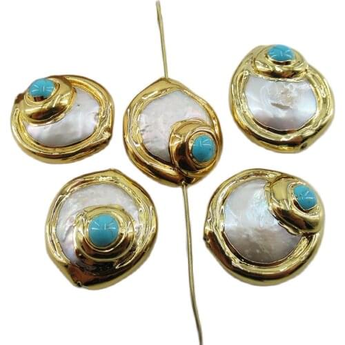 APDGG Wholesale 5PCS Freshwater Cultured White Coin Pearl Turquoise Beads Jewelry Findings Loose Beads For Women