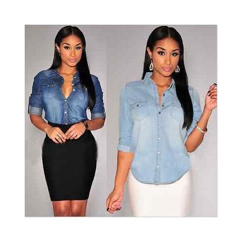 2018 Autumn Denim Shirts For Women Long Sleeve Blue Jeans Shirt Women Blusas Camisa Femininas Fashion Plus Size Jeans Blouses
