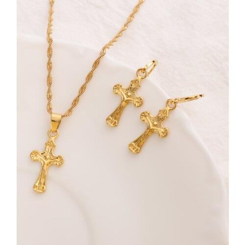 Gold plated cross Pendant Necklace chain Earrings sets Jewelry Gold Christian jewelry sets for women girl Best Jesus Gifts