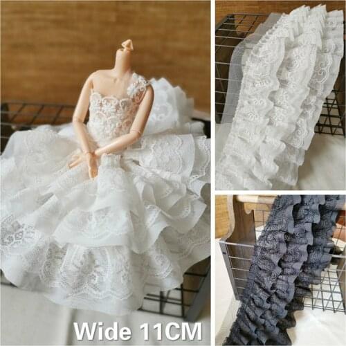 11CM Wide White Black Luxury Three Layers Cotton Lace Flowers Embroidered Fabric Ribbon Ruffle Trim DIY For Dress Clothes Sewing