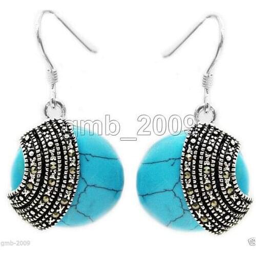 Handmade 925 Sterling Silver 18*18mm Coin Blue Beads Marcasite Earrings