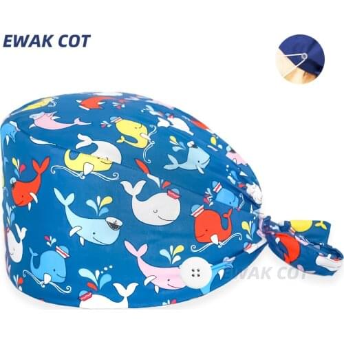 Fish printing adjustable scrub caps High Quality beauty salon work hat Tie back Elastic pet grooming cap nurses hats for women