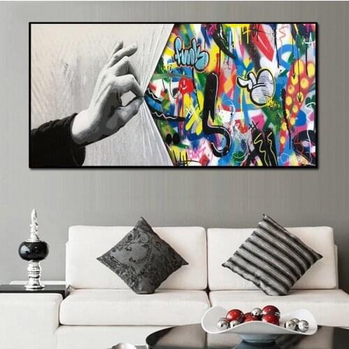 Modern Hands Behind The Curtain Graffiti Art Paintings on the Wall Art Posters and Prints Street Art Canvas Pictures Home Decor