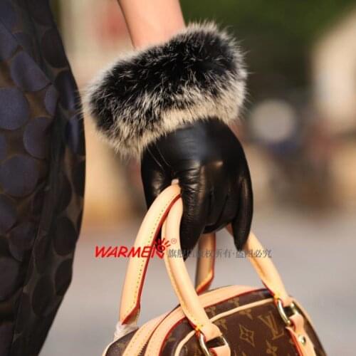 Top Quality Ladies Black Luxury Italian Soft Nappa Leather Glove With 100% Rabbit Fur Cuff S M L XL 1 Pair/Lots