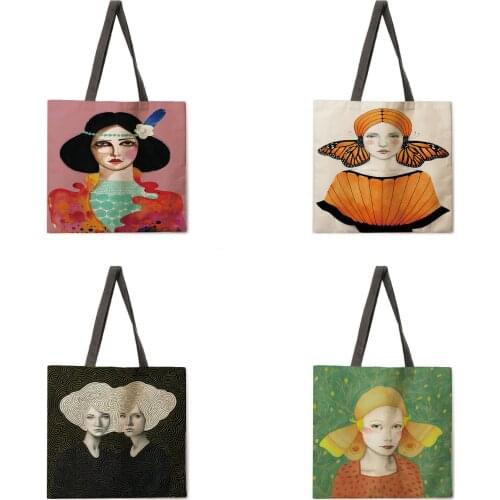 Ladies shoulder bag Ladies head illustration printing tote bag Foldable shopping bag Leisure tote bag Reusable beach bag