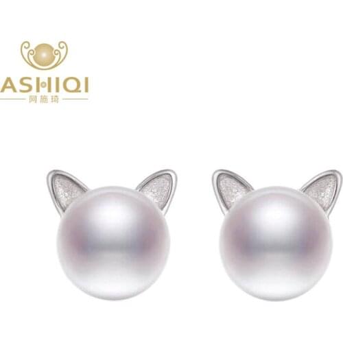 ASHIQI Genuine 925 Sterling Silver Cat Stud Earrings Natural Freshwater pearl for Women & Girls gift