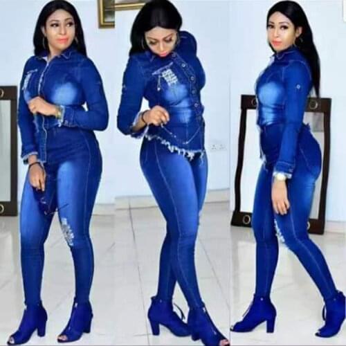 Women Blue Denim Sets Fashion Bleached Ripped Long Sleeves Jacket Buttons Holes Pencil Jeans Two Pieces Pants Sets Casual