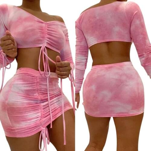 Women 2 Piece Set Tie Dye Print Women Fashion Suit Long Sleeve Bandage Top + skirt Summer Clothes