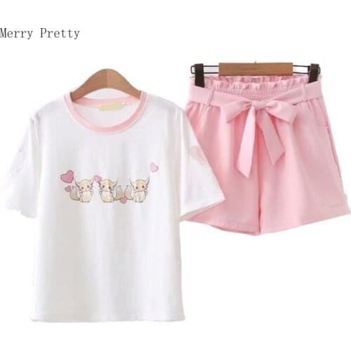 Women Two Piece Set Top And Pants Short Sleeve Cotton T Shirt And Hight Waist Mini Shorts With Sashes 2021 Oversize Summer Set