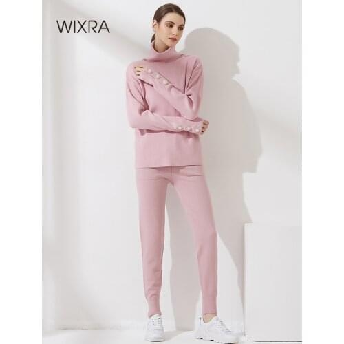 Wixra Women Solid Tracksuit Elegant Pearl Button Turtleneck Sweater + Harem Pants Autumn Winter 2021 Female 2 Piece Set