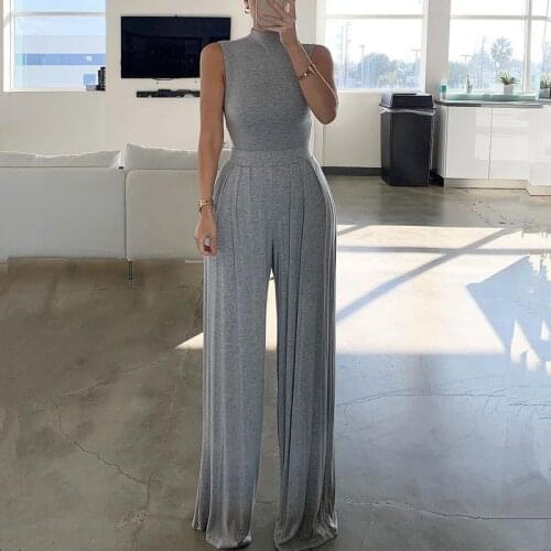 Woman Gray Fashion Jumpsuit Chic Sleeveless Half-high Collar Waist Waist Stand-up Collar Wide-leg Jumpsuit Ladies Jumpsuits