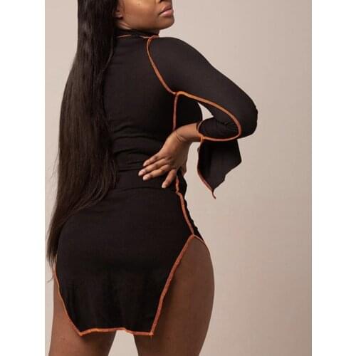 Autumn New Women Slim Split Stitching Turtleneck Dress High Waist Line Design Black Solid Color Casual Girl Streetwear Clothing