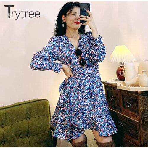 Trytree 2020 Spring Autumn Women Dress Casual V-neck Blue Floral One-piece Dress Sweet Korean Ruffles Hem Thin Mini Boho Dress