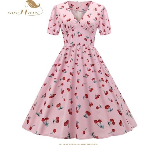 SISHION Women Cherry Print Summer Party Dress SP1399 High Waist Puff Sleeve V-neck Vintage French Dress
