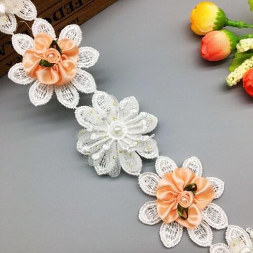 1 Yard Vintage White Polyester Rose Flower Embroidered Pearl Lace Trim Ribbon Fabric Handmade Garment Wedding Dress Sewing Craft