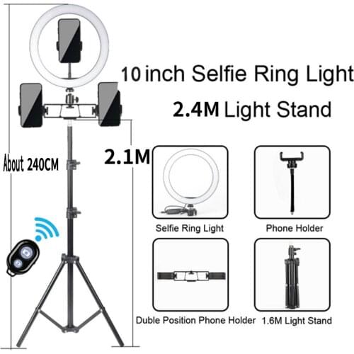 10 Inch Vlog Video LED Selfie Ring Light USB Ring Lamp Photography Light With Phone Holder 210CM Tripod Stand for Makeup Youtube