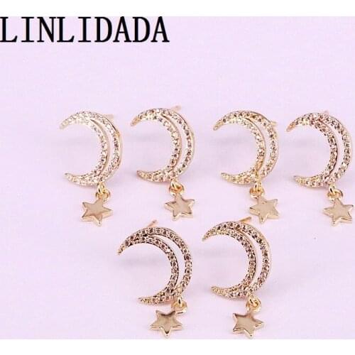 10Pair New! moon shape zirconia stud, clear cz paved tiny girl /women earring gold color