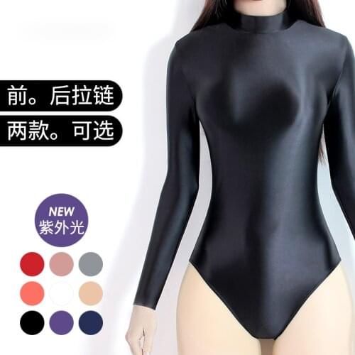DROZENO Slippery tights shiny long sleeves front and back zipper one-piece womens swimsuit Sexy Satin Glossy Body Suit
